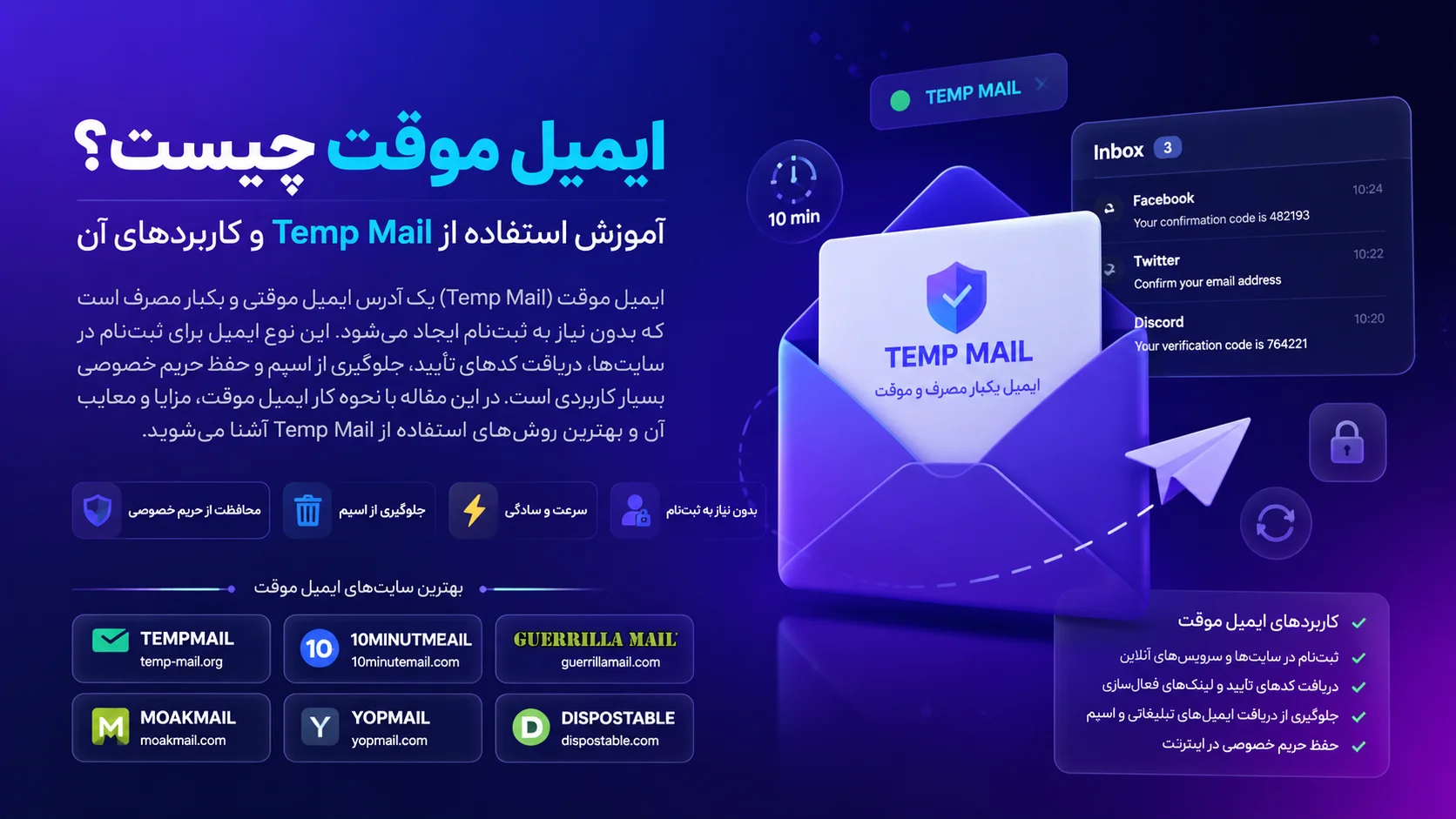 بهترین سایتهای ایمیل موقت (Temp Mail) در سال 2026 | دریافت ایمیل یکبار مصرف رایگان
