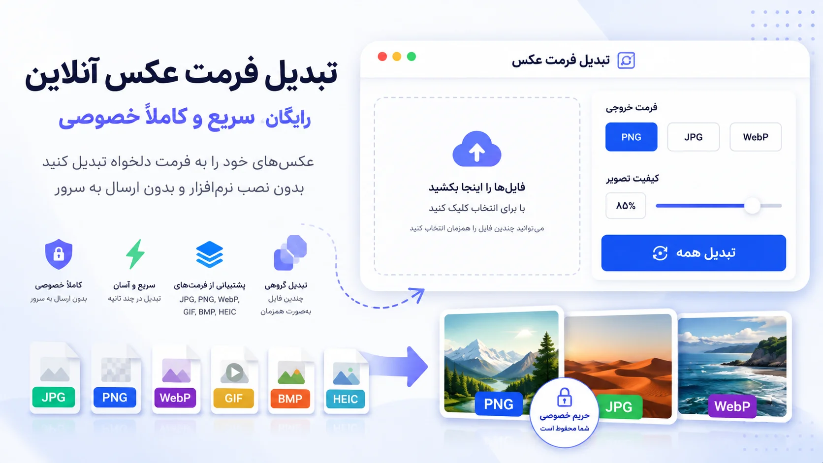 تبدیل فرمت عکس آنلاین و رایگان | تبدیل PNG، JPG، WebP و HEIC